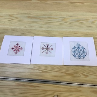 Completed  cards in the Blackwork workshop lead by Jenny